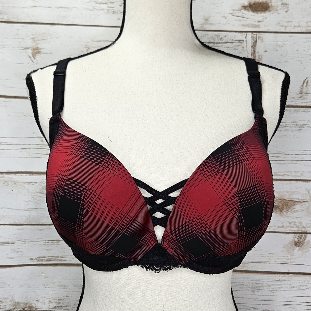 Torrid Curve Plunge XO Bra Epic Plaid Red with Black Lace Size 38DD